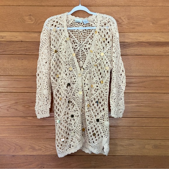 Vintage Sweaters - Vintage 90s Capacity crochet silk knit sequin open front cardigan sweater